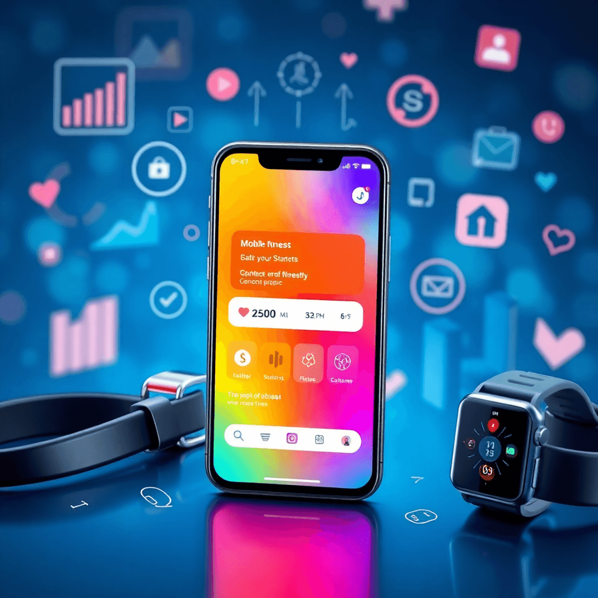 A colorful smartphone showing a fitness app, surrounded by a smartwatch and fitness tracker, with digital elements like graphs and notifications in the background.