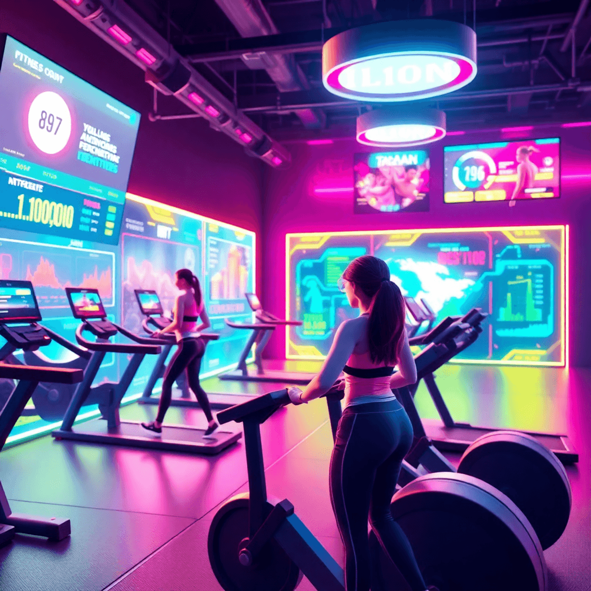 A futuristic gym showcasing emerging fitness technologies with digital screens, vibrant colors, and abstract avatars in a virtual training environment.