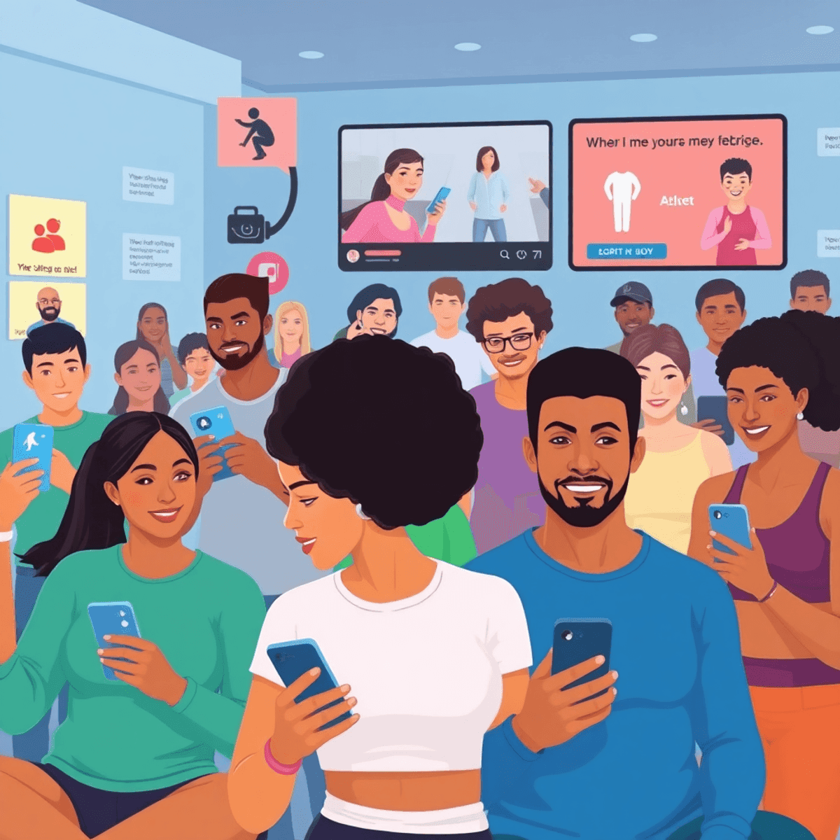 A lively digital community scene featuring individuals participating in fitness activities, using apps, sharing progress, and displaying motivational quotes in a realistic style.