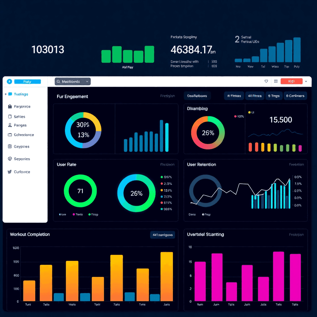 A modern digital fitness dashboard showcasing colorful graphs and charts that display key performance indicators like engagement and workout completion rates.