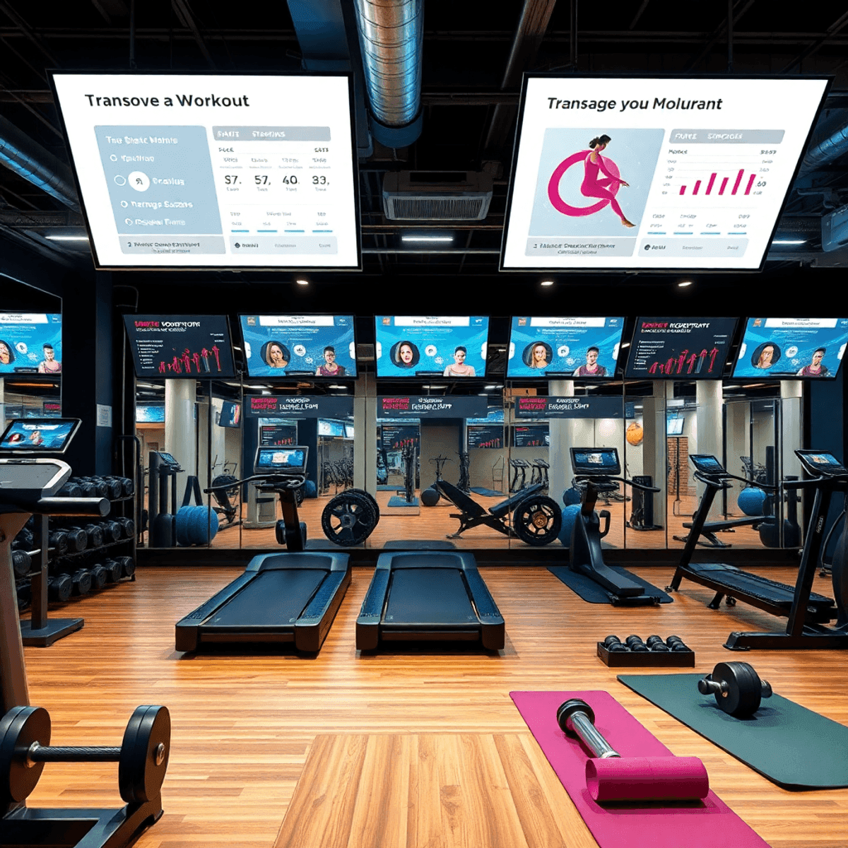 A modern fitness studio filled with weights and yoga mats, featuring digital screens displaying workout plans, creating an energetic and motivating atmosphere.