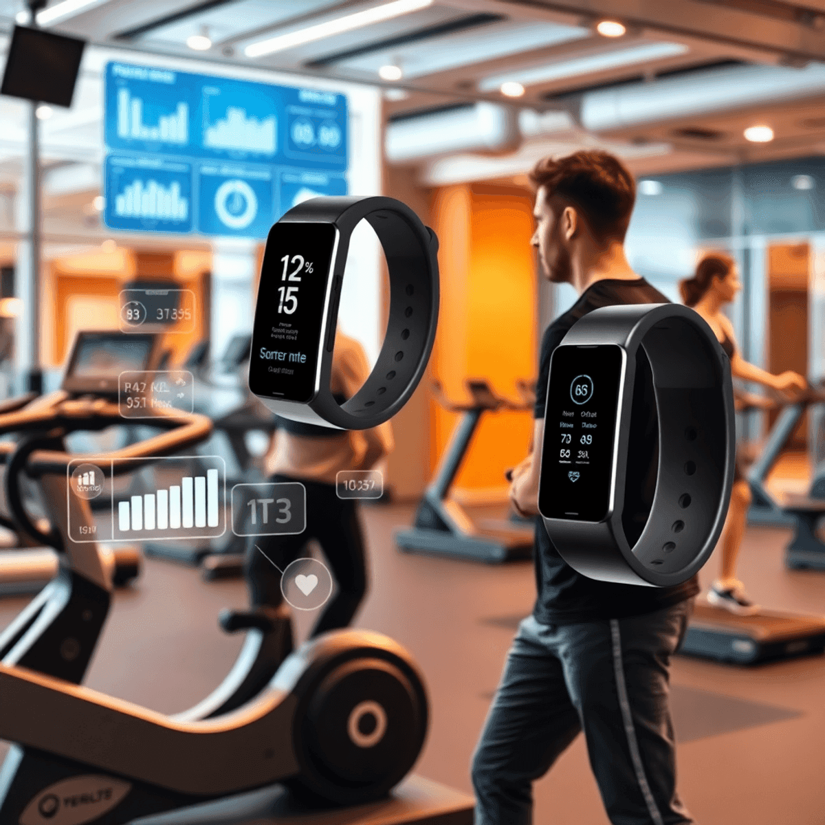 A modern gym featuring advanced fitness technology, including biometric sensors and wearable devices, alongside data analytics visuals like graphs in a dynamic, inviting atmosphere.