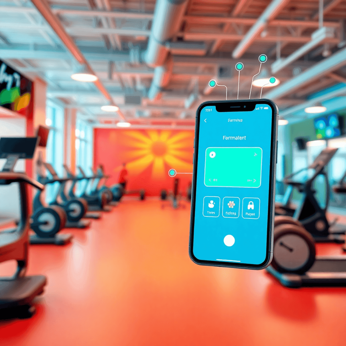 A modern gym scene with vibrant colors, featuring gym equipment, a smartphone displaying a fitness app, and digital screens, highlighting technology integration in fitness.