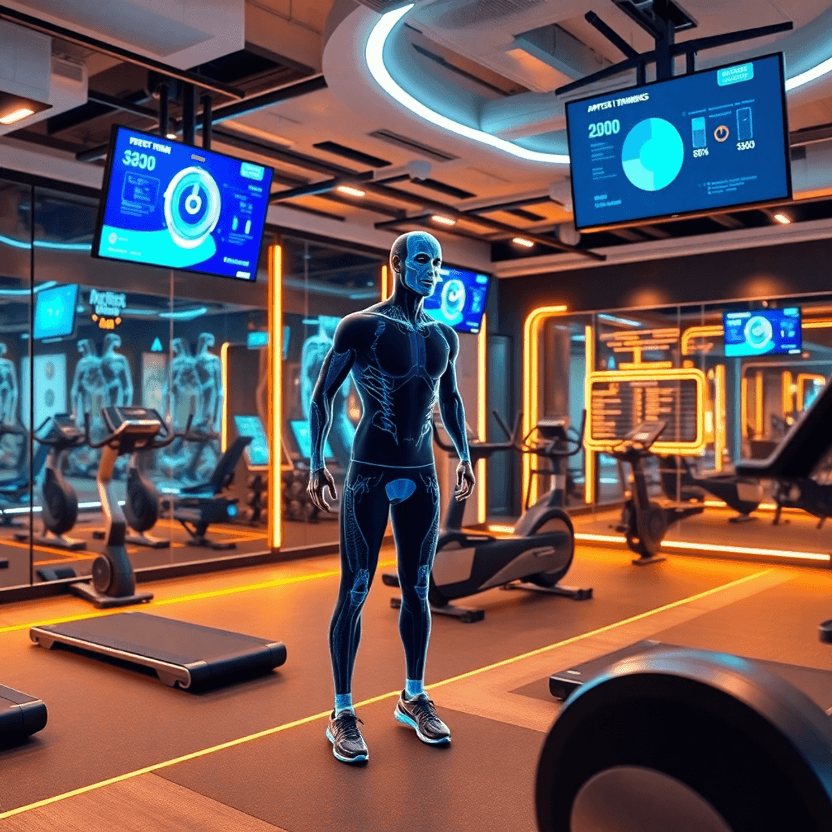 A modern gym with advanced technology, featuring high-precision sensors, digital screens showing performance analytics, and innovative exercise equipment in a dynamic atmosphere.