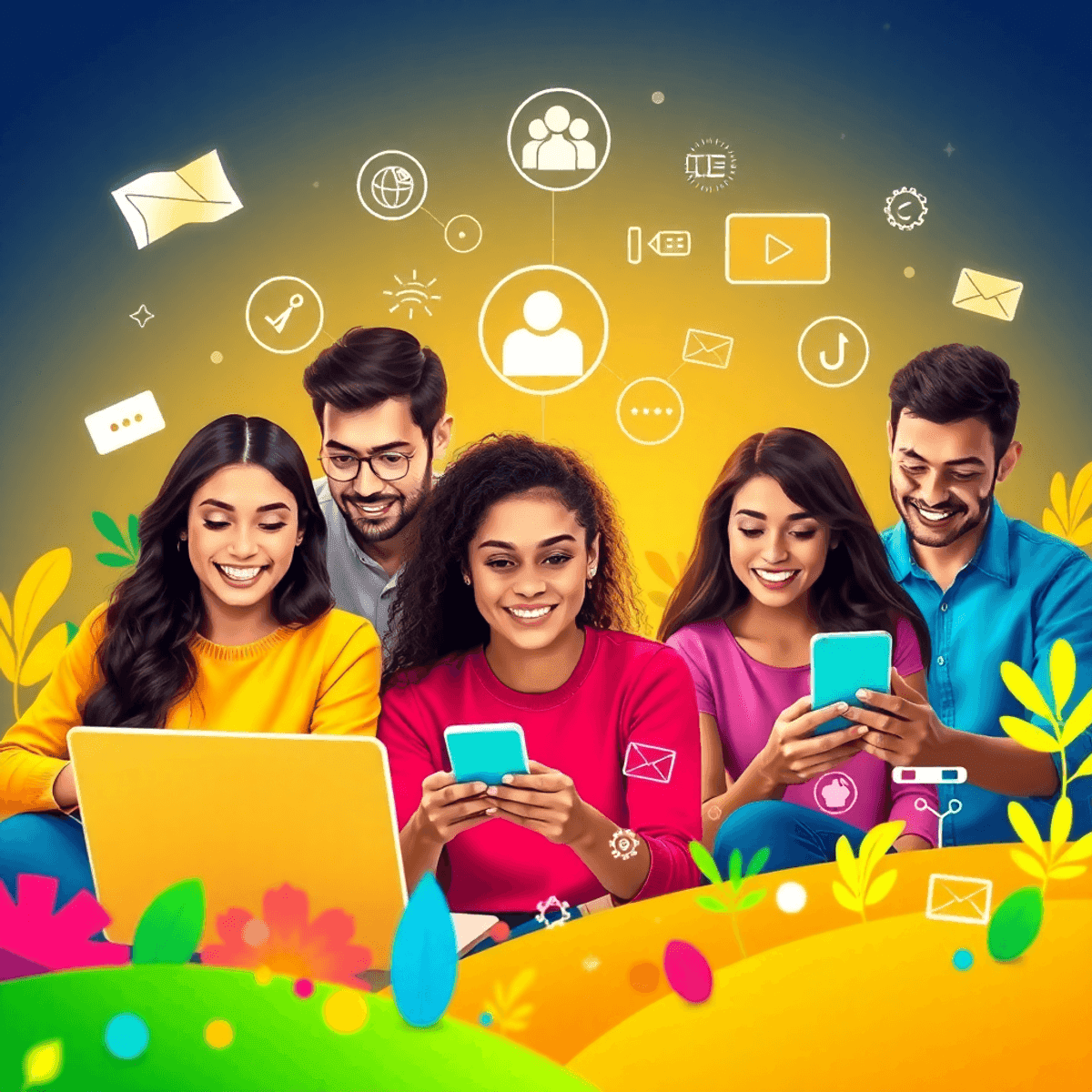 A vibrant digital landscape with a diverse group of people engaging online, surrounded by laptops, smartphones, and colorful digital content icons symbolizing innovation and community.