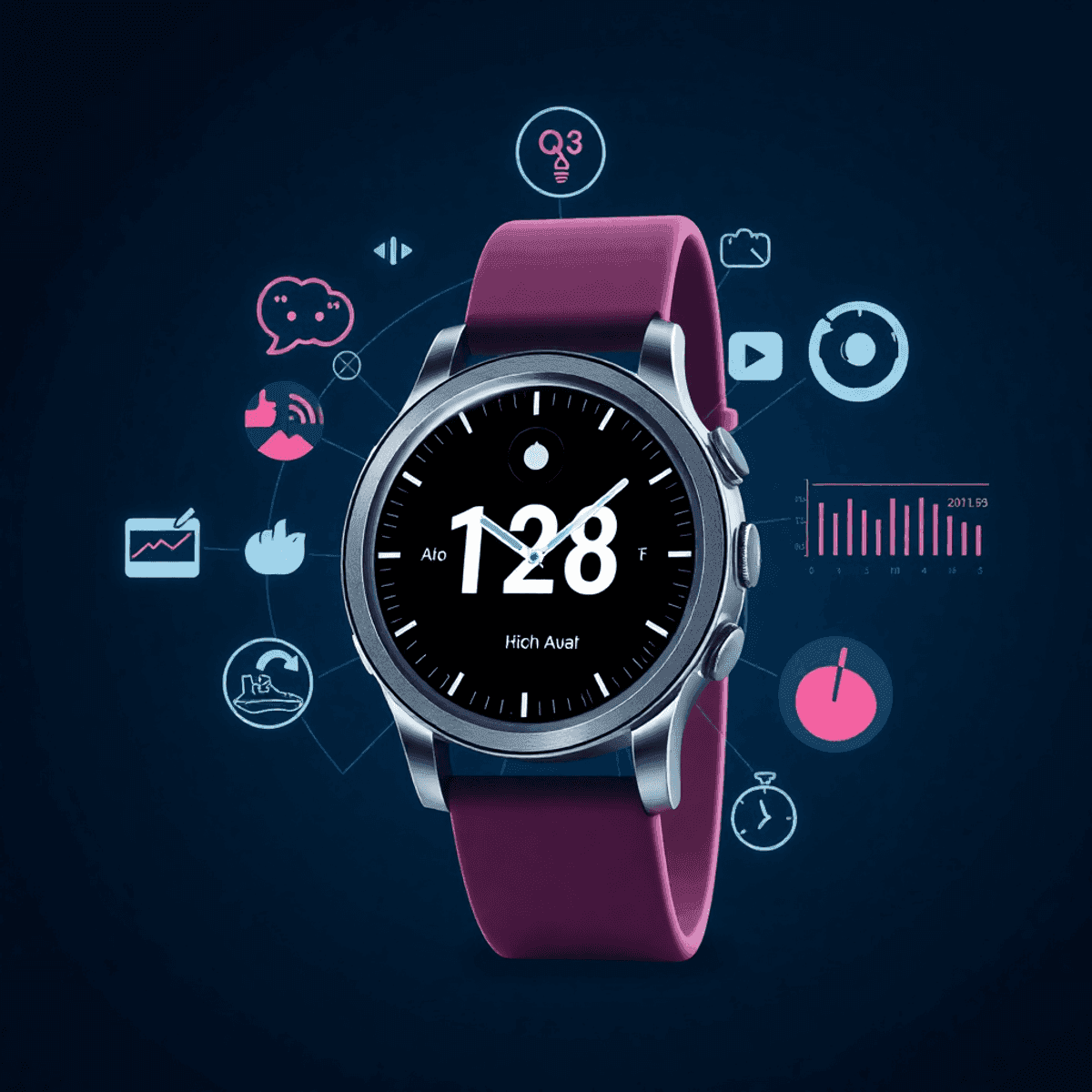 Uno smartwatch moderno monitora dati biometrici, circondato da icone di comunicazione e grafici di performance, evocando innovazione nel fitness.